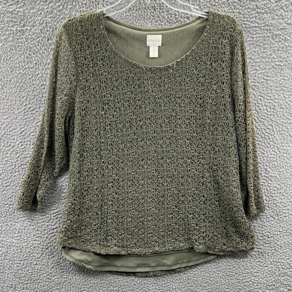 Chicos Womens Boho Open Knit Layered Top L Olive Indie Textured Relaxed Flowy